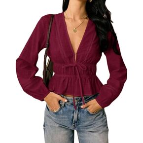 المرأة Coquette العميق الخامس الرقبة ربطة القوس فيونكة حتى بيبلوم بلوزة قميص العصرية سليم صالح طويل فانوس كم Smocked المحاصيل الأعلى in Kuwait