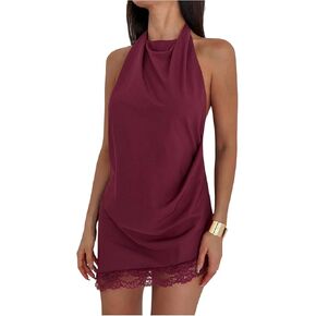 SHENHE Women's Lace Trim Y2k Long Halter Top Open Back Asymmetrical Sexy Going Out Top in Saudi Arabia
