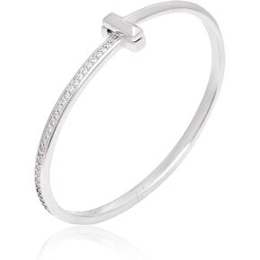 18K Gold Plated Bracelet for Women | 925 Sterling Silver T-Bar Bangle Slim Hinged Cuff with Sparkling Cubic Zirconia CZ | Anti-Tarnish Hypoallergenic Jewelry Gift for Her in Saudi Arabia
