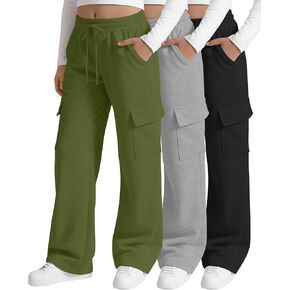 3 Pack Girls' Cargo Sweatpants Kids Wide Leg Pants Loose Baggy Elastic Drawstring Joggers with 4 Pockets 5-14 Years in Kuwait