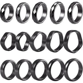 Crafans 15Pcs Hematite Plain Band Finger Rings Size Size 6-12 Hematite Power Stone Textured Wedding Bands Ring Wave Faceted Anniversary Finger Rings for Men Women in Kuwait