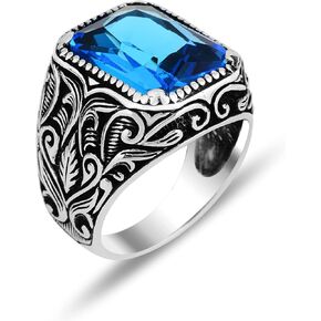 Silver Aquamarine Stone Ring, Blue Aquamarine Stone Ring, Vintage Men Ring, Turkısh Ottoman Men Ring, 925k Sterling Silver Ring in Kuwait