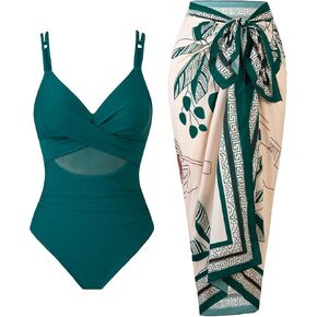 Women’s One Piece Mesh Swimsuit Tummy Control Slimming Bathing Suit with Wrap Skirt Cover Up Set in Saudi Arabia