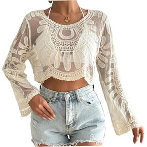 Sheer Tops for Women Floral Embroidered Top Boho Semi-Sheer Round Neck Lace Long Sleeve Tops for Women Lightweight Comfort for Beach Travel Beige in Kuwait