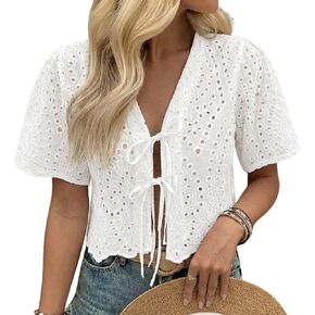 Women's Summer Vacation Eyelet Lace Blouse 100% Cotton Tie Front Short Sleeve Cropped Top in Kuwait