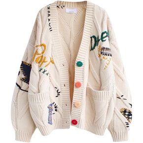 Women's Cable Knit Open Front Cardigan V-Neck Button Down Embroidery Wool Blend Sweater Coat in Kuwait