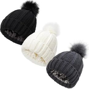 3pcs Satin Lined Winter Hat with Pompom, Unisex Silk Inside Beanie Hats Bulk Cable Knit Chunky Skull Cap in Kuwait