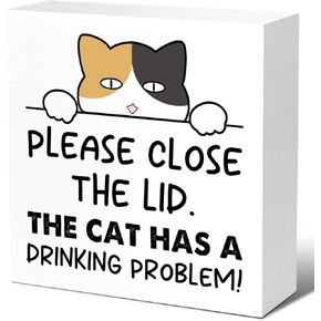 LVQHI Funny Bathroom Cat Sign Decor, Put the Lid Down the Cat has a Drinking Problem Humorous Wood Box Sig, Funny Humorous Cat Bathroom Accessories Decor, Cat Owner Decoration 5"L x 5"W V585 in Kuwait