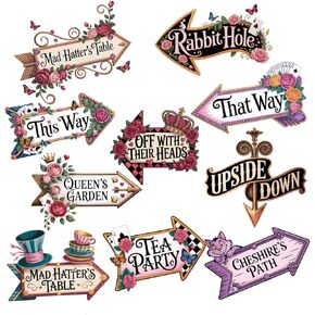 مرحبًا بكم في علامة أسهم اتجاه بلاد العجائب، 10 علامات ديكورات حفلات بلاد العجائب، ديكور في الغرفة لمحبي أليس in Kuwait