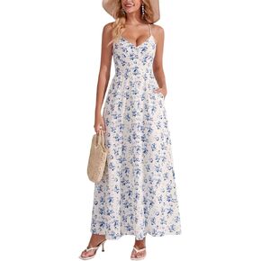 فستان نسائي طويل مزين بالزهور كاجوال بياقة على شكل V وحزام سباغيتي وأربطة سموكيد على شكل حرف A فساتين بوهو للعطلات مع جيوب in Kuwait