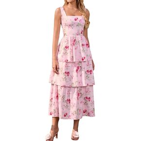 HTZMO Summer Floral Tiered Ruffle Corest Midi Sundress Casual Flowy A Line Tie Wedding Guest Dresses for Women 2026 in Kuwait