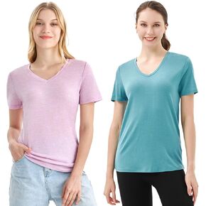 Merino Protect 100% Merino Wool V Neck T-Shirt Women Short Sleeve Shirts Odor Resistance Tops for Outdoor Hiking 2Pack in Kuwait