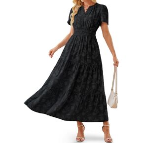 Women's Maxi Dresses Boho Burnout V Neck Short Puff Sleeve Smocked Empire Waist Long Wedding Guest Semi Formal Dress Pockets in Saudi Arabia