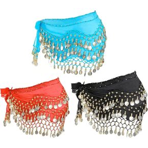 3 PCS Belly Dancing Hip Scarf, Belly Dancer Belt Scarf Skirt Scarve with 128 Gold Coins for Women in Kuwait