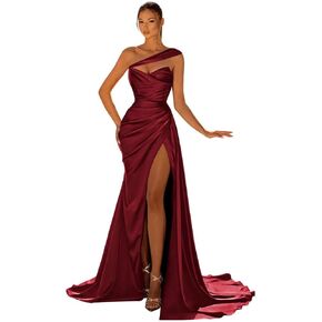 GUKARLEED Women's One Shoulder Prom Dresses Wrap Pleated Satin High Slit Formal Dress Long Wedding Guest Dress with Trains in Kuwait