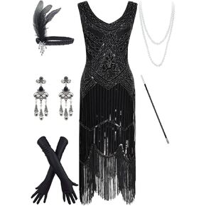 Women's Vintage 1920s Sequin Beaded Tassels Hem Flapper Dress w/Accessories Set (2X-Large, Style03-Black&Silver) in Kuwait