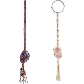 Dahey Macrame Crystal Car Charms مصنوع يدويًا من الكريستال للرؤية الخلفية مرآة السيارة زخرفة بوهو معلقة كريستال، حبل مشمع ملفوف بالكريستال معلق لديكور منزل السيارة، مجموعة من لونين in Kuwait