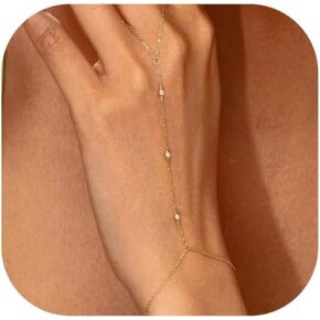 Gold Hand Chain Bracelet, 14k Gold Plated, Yellow Gold, Women, Dainty Ring Bracelet Cuff, Adult, Medium, 20 Grams, Gold Plated Silver, 2 Inches in Kuwait