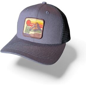 Vintage Mountain Sunset Trucker Hat, Brown and Gray, Cotton Mesh, Outdoor Adventure Patch Design, Snapback Baseball Cap in Kuwait