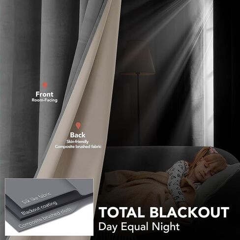 Deconovo 100% Blackout Curtains Velvet, 52x84 Inch, Grey, Grommet Thermal Insulated Curtain for Bedroom, Curtains with Microfiber Coating, 2 Panels in Kuwait
