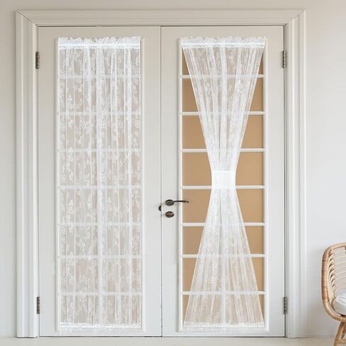الدانتيل الفرنسي ستارة الباب 72 بوصة طويلة الأزهار الفوال الستائر شبه شير الأبيض الستار الجانبي للباب الزجاجي الفناء الأمامي الباب Tieback وشملت، 2 لوحات in Kuwait