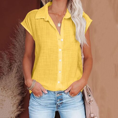 Linen Shirts for Women Oversize Button Down Blouse Short Sleeve Breathable Daily Wear Casual Tops in Saudi Arabia