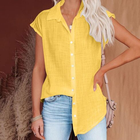 Linen Shirts for Women Oversize Button Down Blouse Short Sleeve Breathable Daily Wear Casual Tops in Saudi Arabia