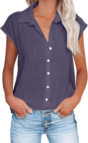 Linen Shirts for Women Oversize Button Down Blouse Short Sleeve Breathable Daily Wear Casual Tops in Saudi Arabia