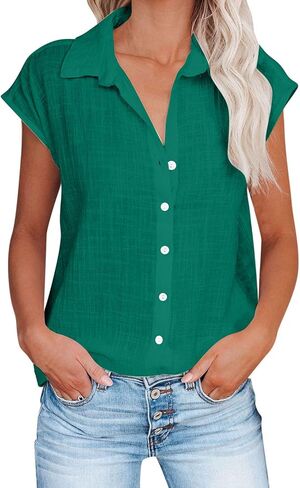 Linen Shirts for Women Oversize Button Down Blouse Short Sleeve Breathable Daily Wear Casual Tops in Saudi Arabia