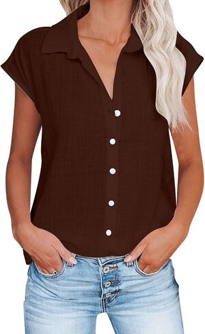 Linen Shirts for Women Oversize Button Down Blouse Short Sleeve Breathable Daily Wear Casual Tops in Saudi Arabia