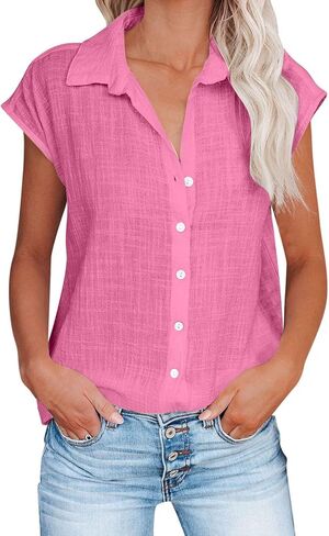 Linen Shirts for Women Oversize Button Down Blouse Short Sleeve Breathable Daily Wear Casual Tops in Saudi Arabia