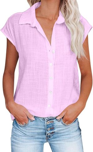 Linen Shirts for Women Oversize Button Down Blouse Short Sleeve Breathable Daily Wear Casual Tops in Saudi Arabia