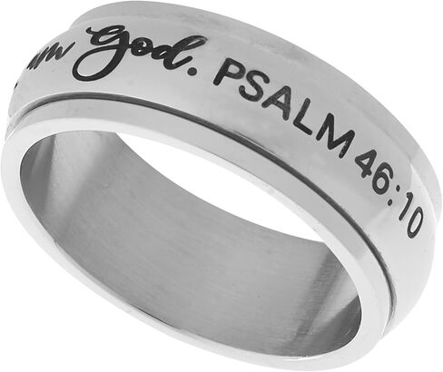 مجوهرات الخرز واللؤلؤ 8 مم من الفولاذ المقاوم للصدأ للنساء والرجال حلقة دوارة ملهمة كن ثابتًا واعلم أنني الله مزمور 46:10 القلق المسيحي الديني وتخفيف التوتر مقاسات من 6 إلى 9 in Kuwait