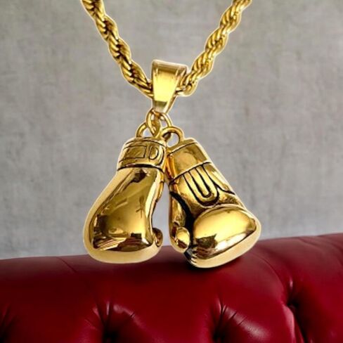 Boxing Gloves Pendant Necklace – 14K Gold & Silver Finish, Stainless Steel 3mm Rope Chain, Iced Out Fighter Boxer Jewelry for Men & Women in Saudi Arabia