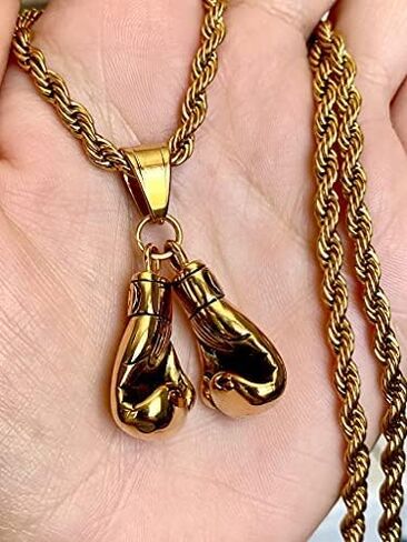 Boxing Gloves Pendant Necklace – 14K Gold & Silver Finish, Stainless Steel 3mm Rope Chain, Iced Out Fighter Boxer Jewelry for Men & Women in Saudi Arabia