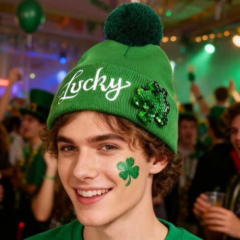 St. Patrick's Day Lucky Knit Beanie, Green Winter Hat with Pom, Sequin Shamrock Design in Kuwait