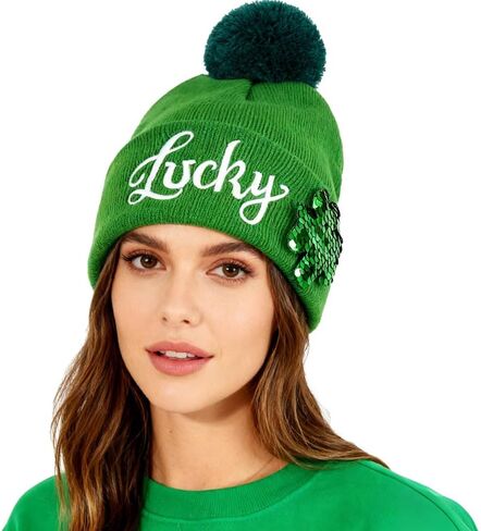 St. Patrick's Day Lucky Knit Beanie, Green Winter Hat with Pom, Sequin Shamrock Design in Kuwait