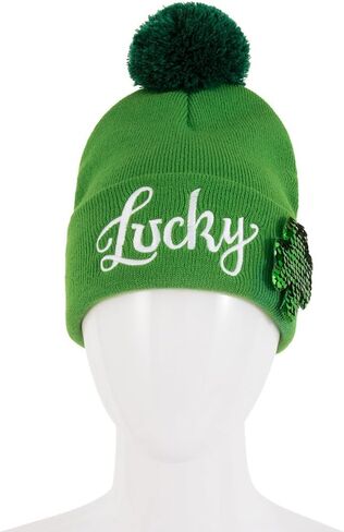 St. Patrick's Day Lucky Knit Beanie, Green Winter Hat with Pom, Sequin Shamrock Design in Kuwait