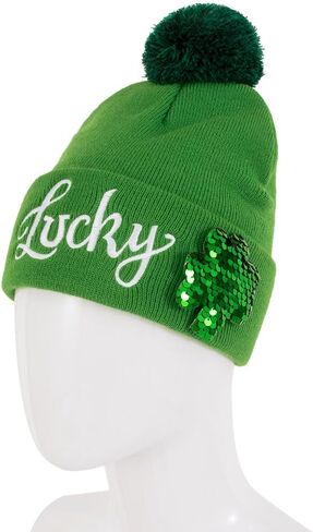St. Patrick's Day Lucky Knit Beanie, Green Winter Hat with Pom, Sequin Shamrock Design in Kuwait