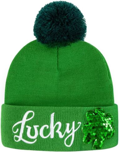 St. Patrick's Day Lucky Knit Beanie, Green Winter Hat with Pom, Sequin Shamrock Design in Kuwait