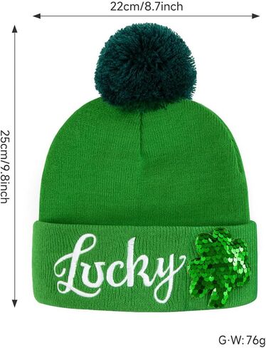 St. Patrick's Day Lucky Knit Beanie, Green Winter Hat with Pom, Sequin Shamrock Design in Kuwait