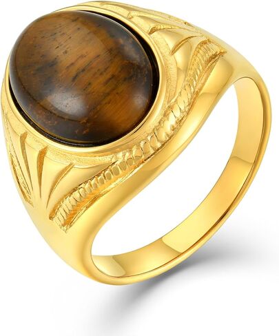Men's Tiger Eye Oval Signet Ring, Nature Stone Stainless Steel Thumb Rings for Men Jewelry Gift for Him, Size 7-13 in Saudi Arabia