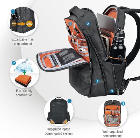 EVERKI ECO Studio Expandable Backpack (EKP118E-ECO) with Orange Accessory Pouch - Expandable Laptop Backpack with 15" Compartment, 26L Capacity - Expandable Backpack & Accessory Pouch Bundle in Kuwait