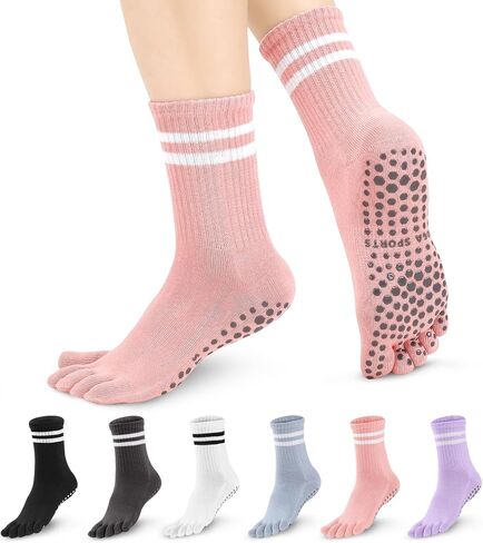6 Pairs Pilates Socks for Women, Non Slip Five Toes Grippy Yoga Socks Striped Athletic Crew Slipper Sock for Hospital Barre Sticky Gym Barefoot Workout in Saudi Arabia