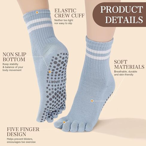 6 Pairs Pilates Socks for Women, Non Slip Five Toes Grippy Yoga Socks Striped Athletic Crew Slipper Sock for Hospital Barre Sticky Gym Barefoot Workout in Saudi Arabia
