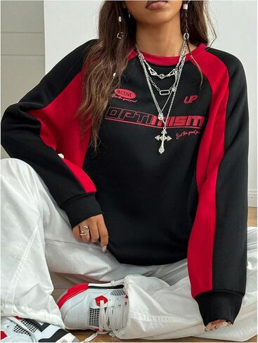 SOLY HUX Women's Letter Graphic Sweatshirt Color Block Long Sleeve Crewneck Casual Fall Pullover Tops in Saudi Arabia