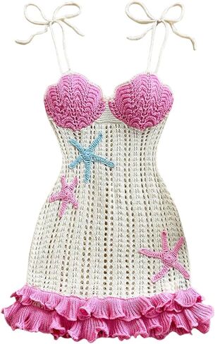 Verdusa Women's Boho Chic Colorblock Starfish Tie Shoulder Crochet Dress Hollow Out Ruffle Layered Mini Dress in Saudi Arabia