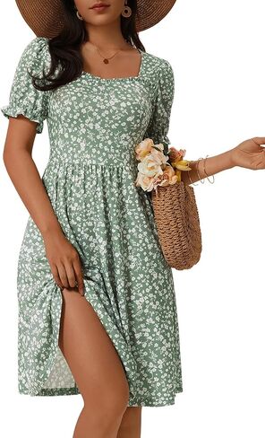 فستان MSBASIC نسائي صيفي كاجوال برقبة مربعة وأكمام منتفخة وأكمام منتفخة على شكل حرف A فستان صيفي متوسط ​​الطول مع جيوب in Kuwait