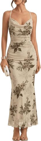 SKAYS Women's Floral Maxi Dress Cowl Neck Long Bodycon Mesh Sleeveless Ruched Summer Wedding Guest Party Dinner Dress in Saudi Arabia