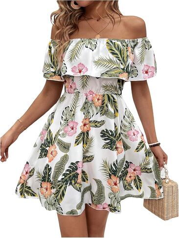 Floerns Women's Tropical Print Off The Shoulder Dress Short Sleeve Ruffle A Line Vacation Dresses in Saudi Arabia